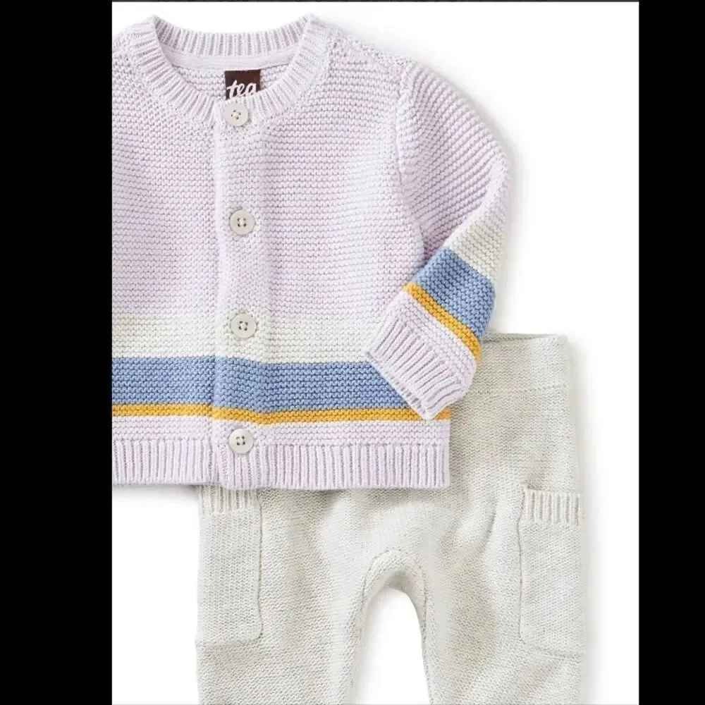 NWT New TEA COLLECTION Sweater Set Cardigan and Pants Lavender Gray 3 - 6 months